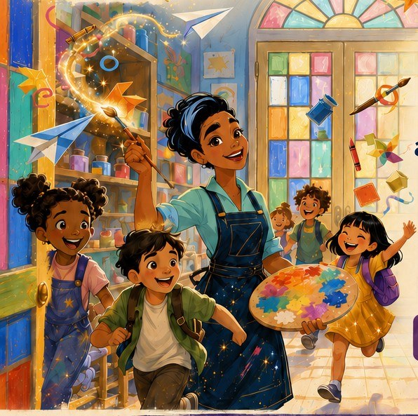 Ms. Anita raising a glowing paintbrush as children run into a colorful art studio