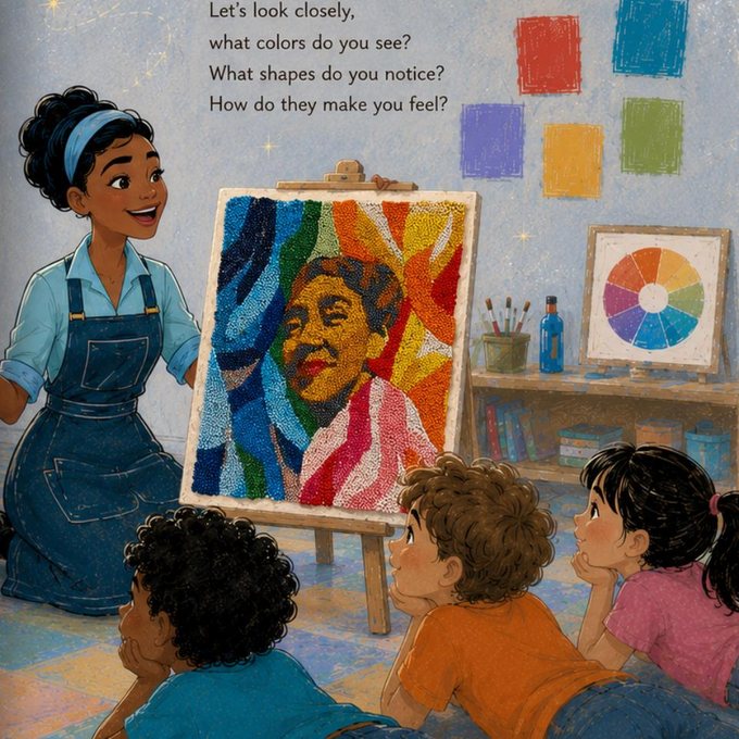 Ms. Anita showing her class a painting by Alma Thomas