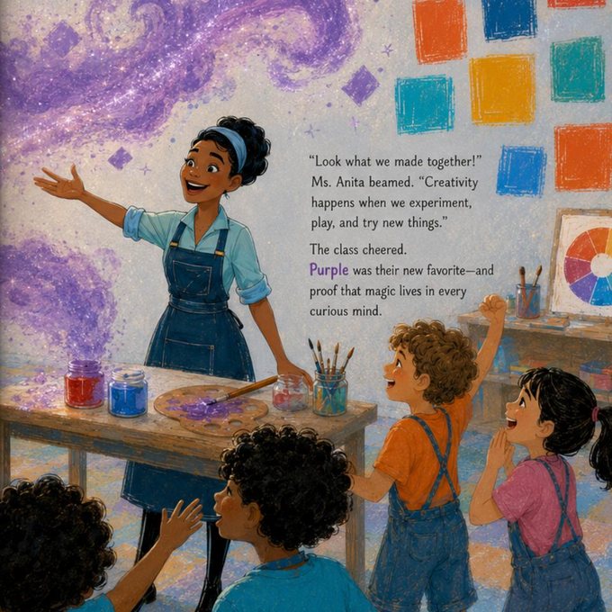 A purple swirl blooming from Ms. Anita's paintbrush as the children watch